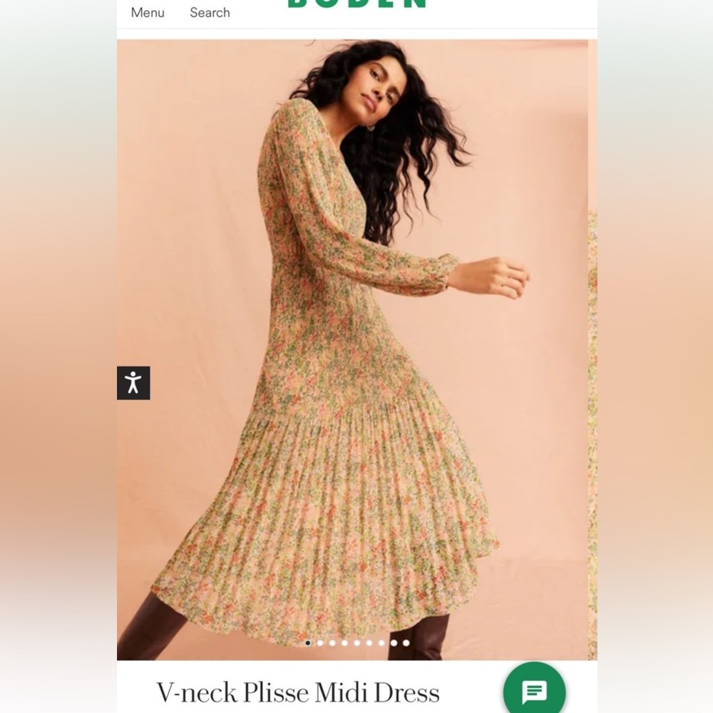 Boden Floral V-neck Plisse Midi Dress in Green and Pink